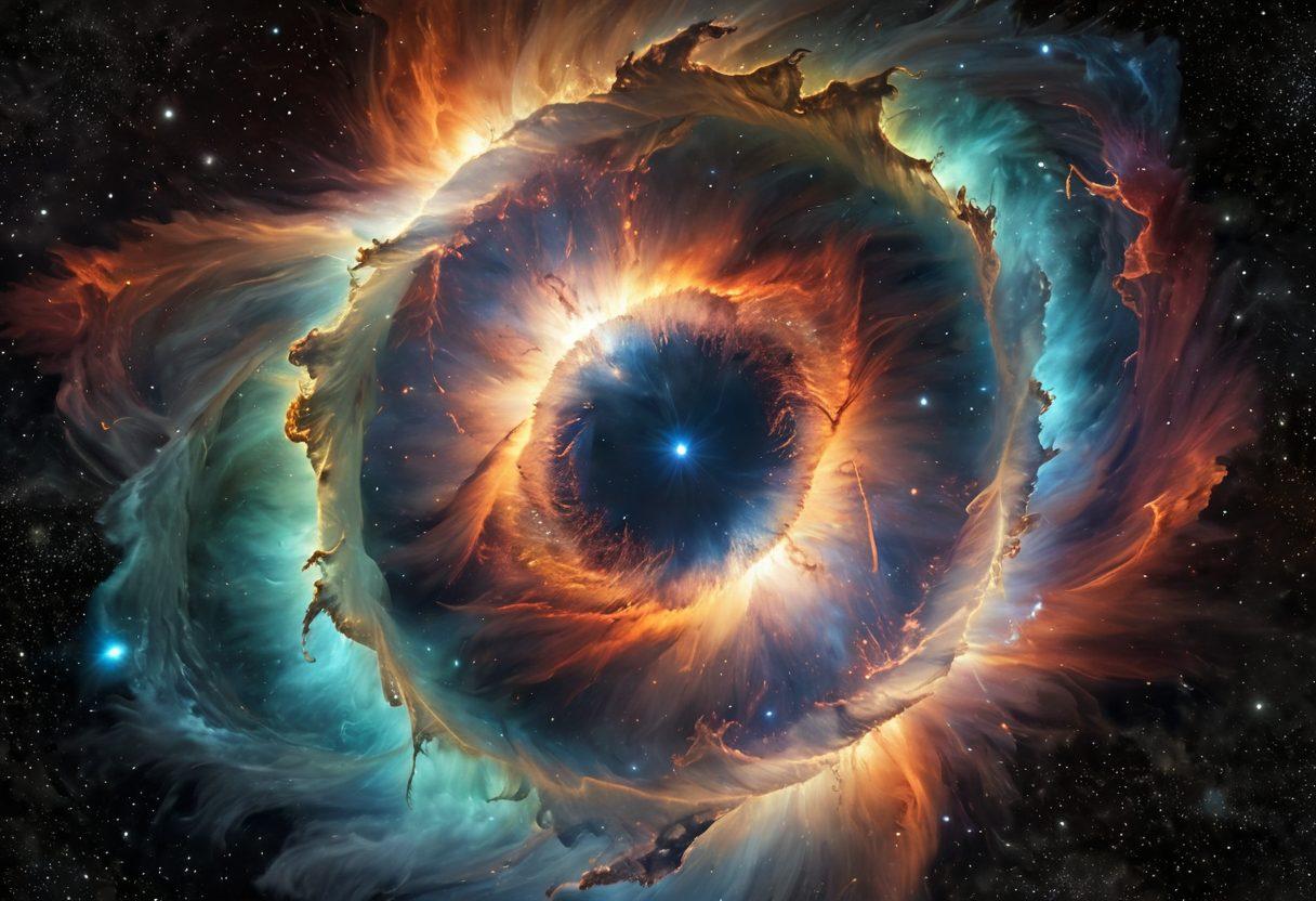 A mesmerizing depiction of the Helix Nebula swirling in deep space, vibrant colors illuminating the cosmic clouds, seamlessly transitioning to a lively community gathering on Earth below. Characters from diverse backgrounds engage in conversations, interspersed with cosmic elements like stars and planets. The scene balances the wonder of the universe with the warmth of community interaction. super-realistic. vibrant colors. 3D.